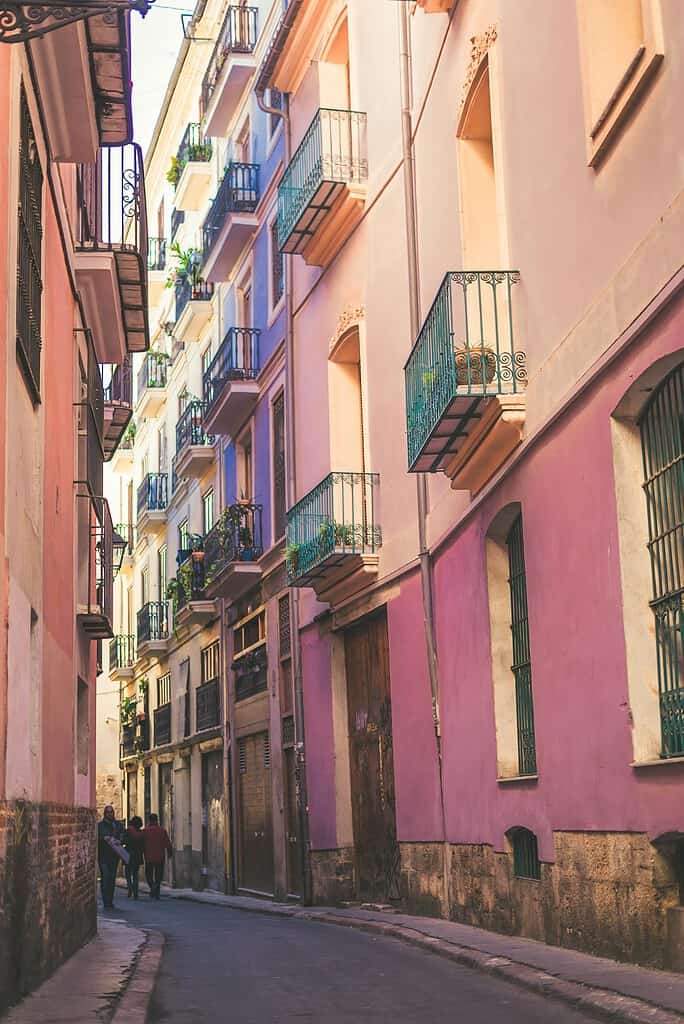 Picturesque street view in Valencia's historic district, showcasing vibrant architecture and urban charm.